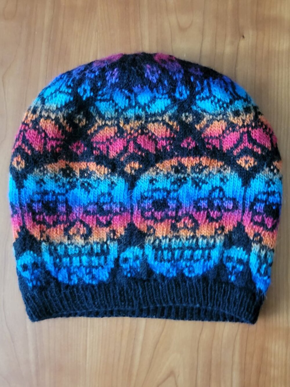 Hand Crafted Hand Knit Sugar Skull ๐ Slouchy Beanie Hat - Rainbow Colors - Picture 2 of 6